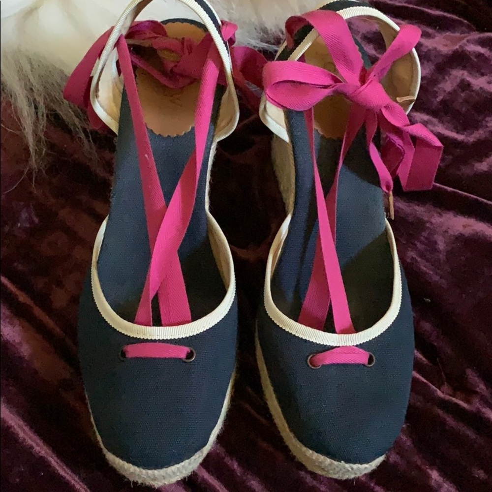 J. Crew ankle ribbon tie espadrilles, navy w/pink